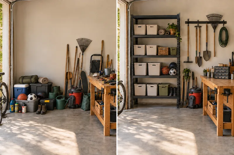AI concept: Garage without shelving before, and after adding shelving with bins, a wall tool rail and small parts drawers while keeping the same workbench