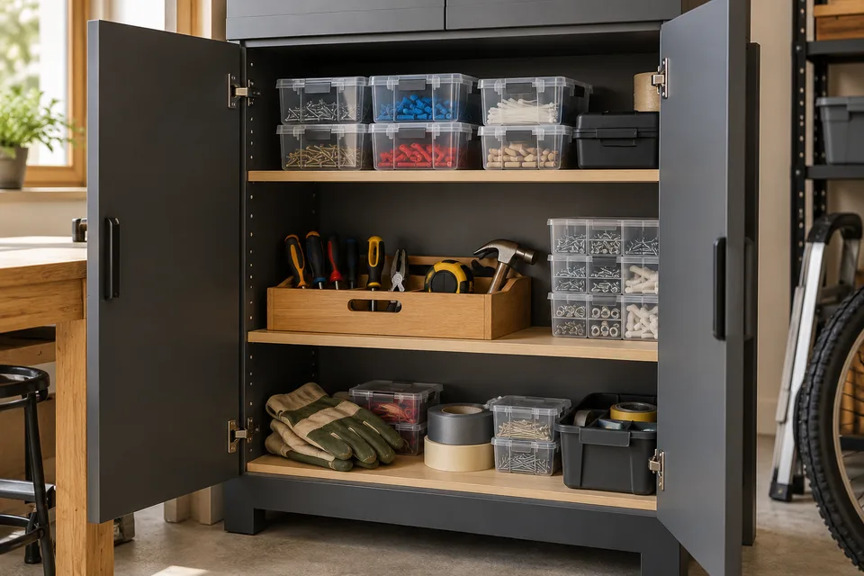 Illustrative AI concept: An open garage cabinet with tools and small parts in separate trays.