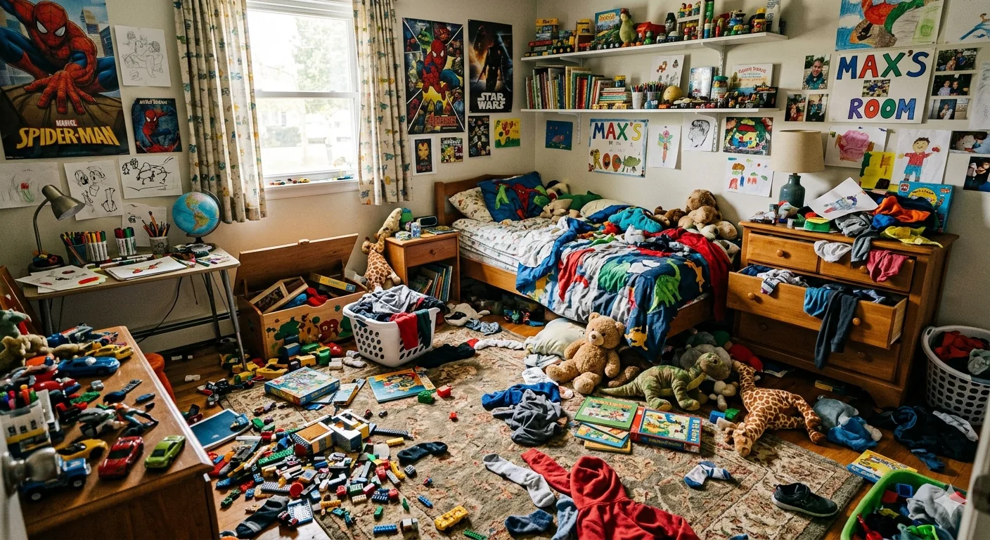 Before: Max's bedroom with toys scattered on the floor